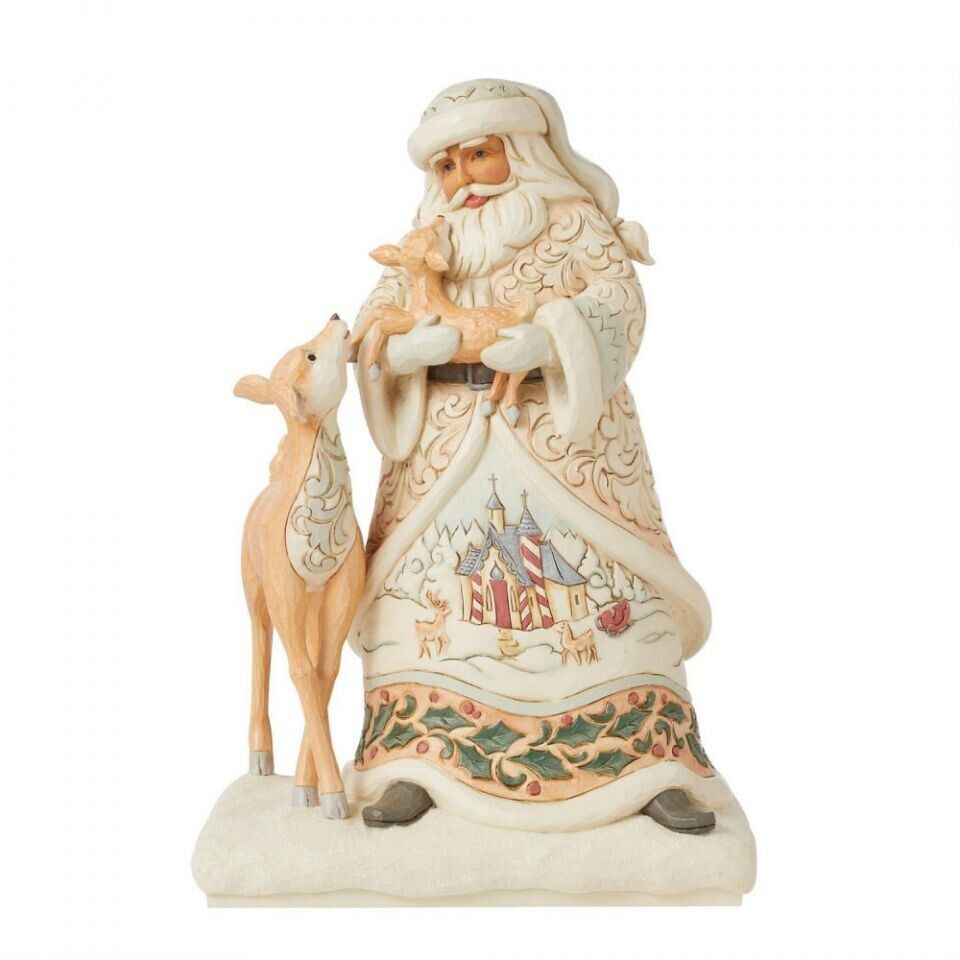 Jim Shore WHITE WOODLAND SANTA HOLDING FAWN-BELIEVE IN KINDNESS 6015152 NEW